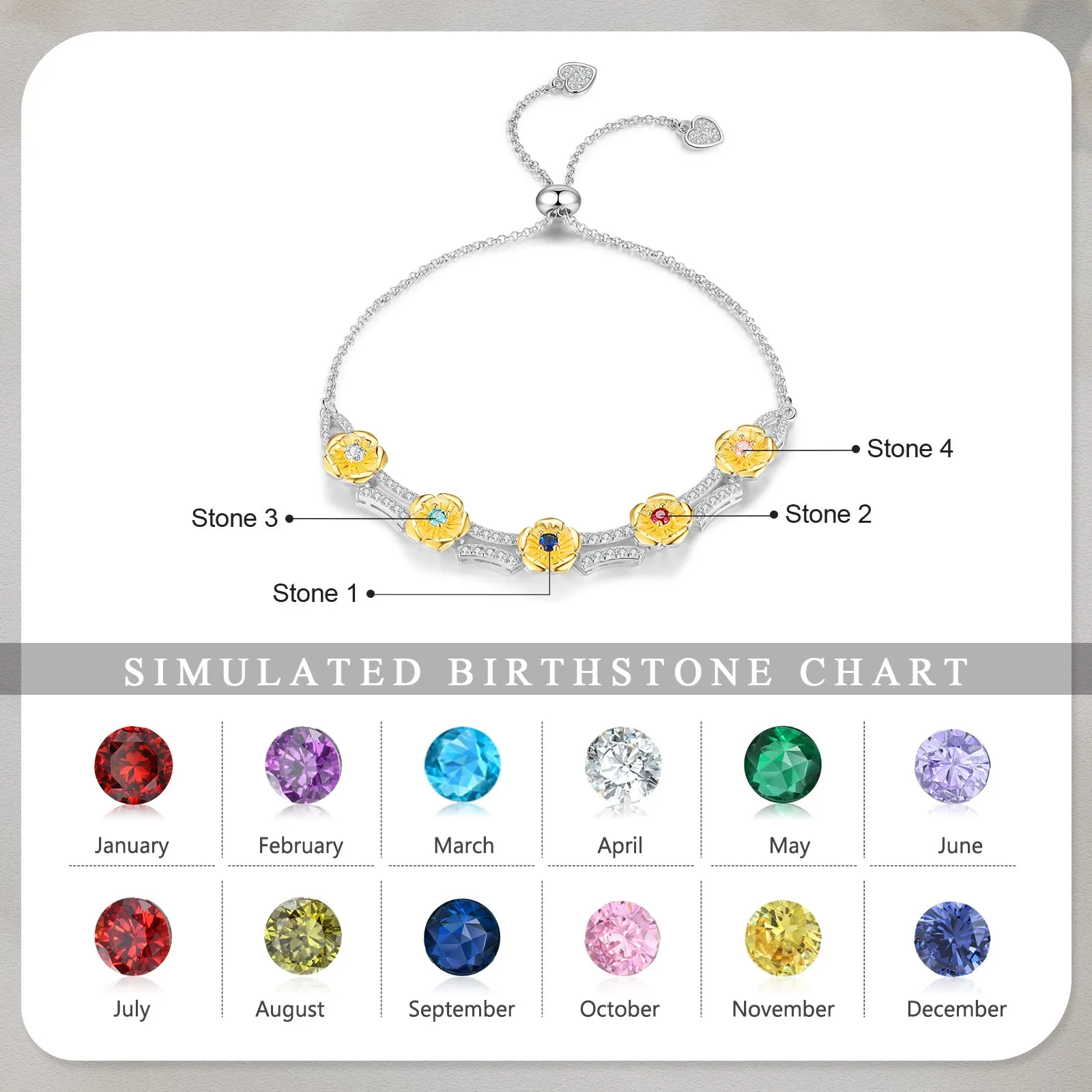 4FunGift® Custom Birthstone Flowers Bracelet Valentine's Day Gift