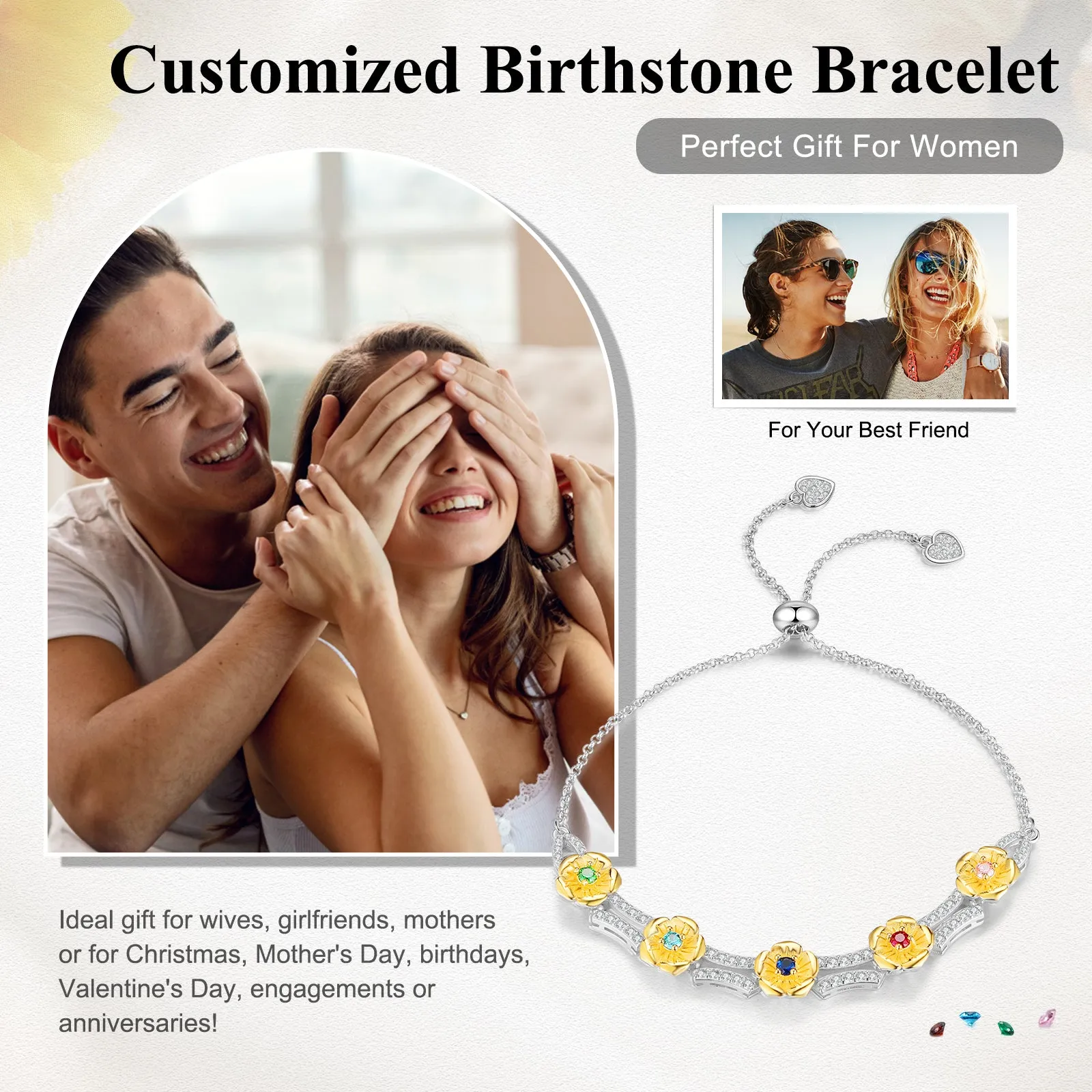 4FunGift® Custom Birthstone Flowers Bracelet Valentine's Day Gift