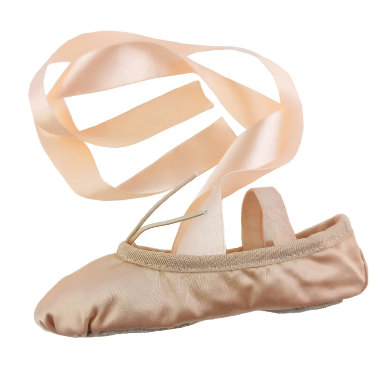 Ballet Shoes with Ribbons, Peach Silky Satin with Leather Split Sole