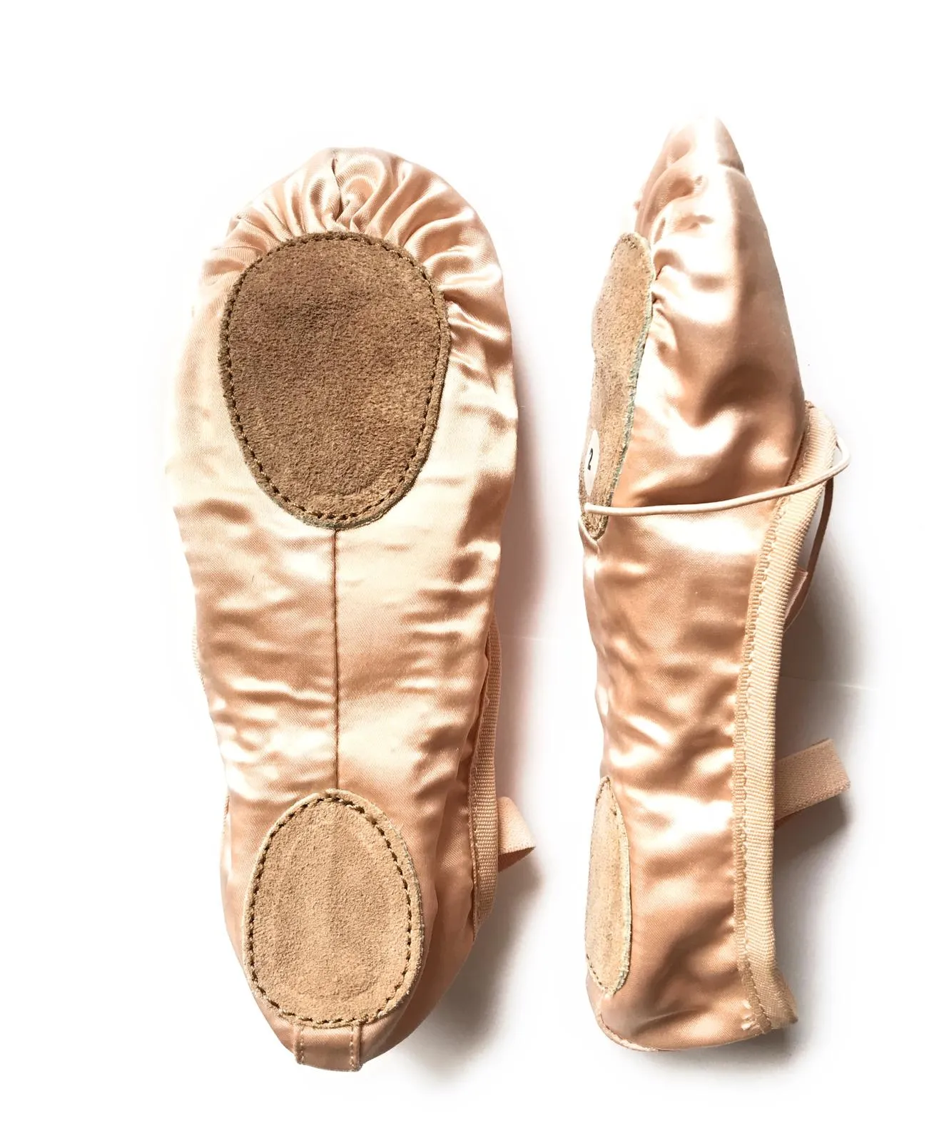 Ballet Shoes with Ribbons, Peach Silky Satin with Leather Split Sole