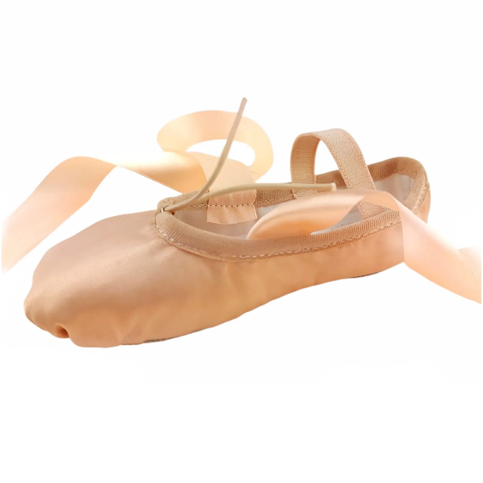 Ballet Shoes with Ribbons, Peach Silky Satin with Leather Split Sole