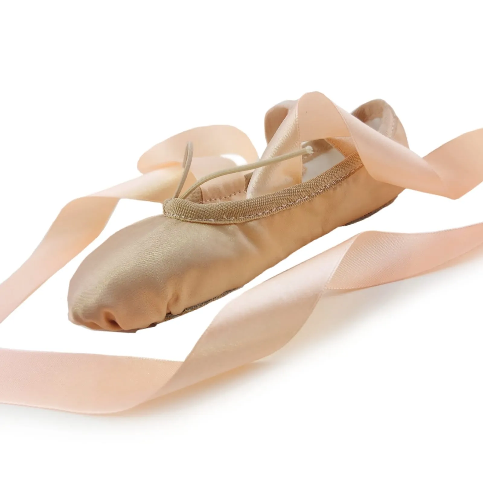 Ballet Shoes with Ribbons, Peach Silky Satin with Leather Split Sole