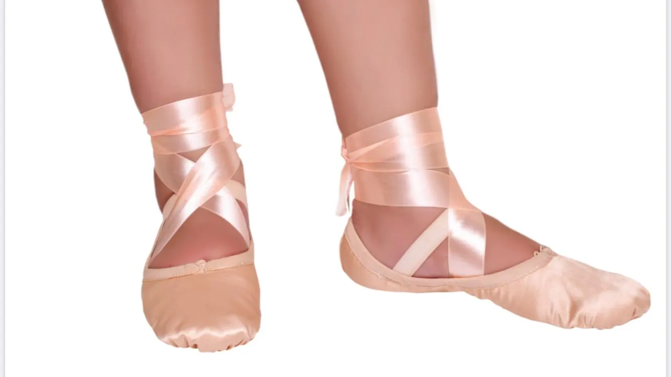 Ballet Shoes with Ribbons, Peach Silky Satin with Leather Split Sole