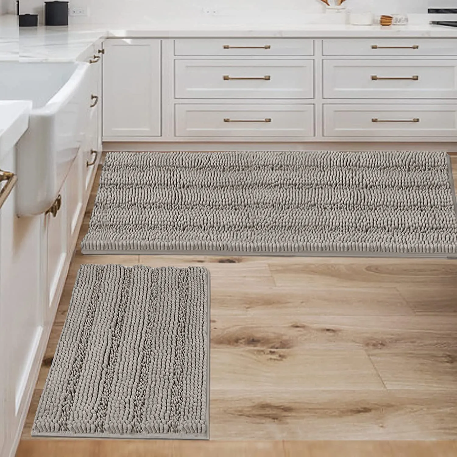 Bathroom Rugs,  Super Absorbent Chenille Striped Non Skid Machine Wash Dry Rugs, Set of 2, 47 x 17 Plus 17 x 24 Inches