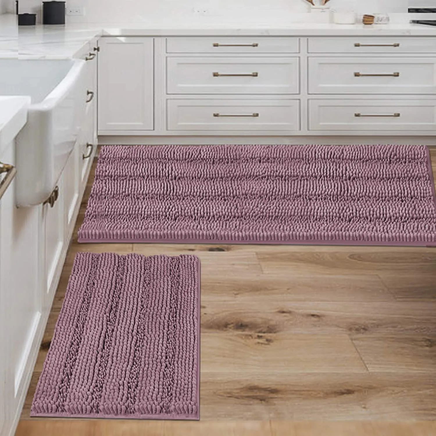 Bathroom Rugs,  Super Absorbent Chenille Striped Non Skid Machine Wash Dry Rugs, Set of 2, 47 x 17 Plus 17 x 24 Inches