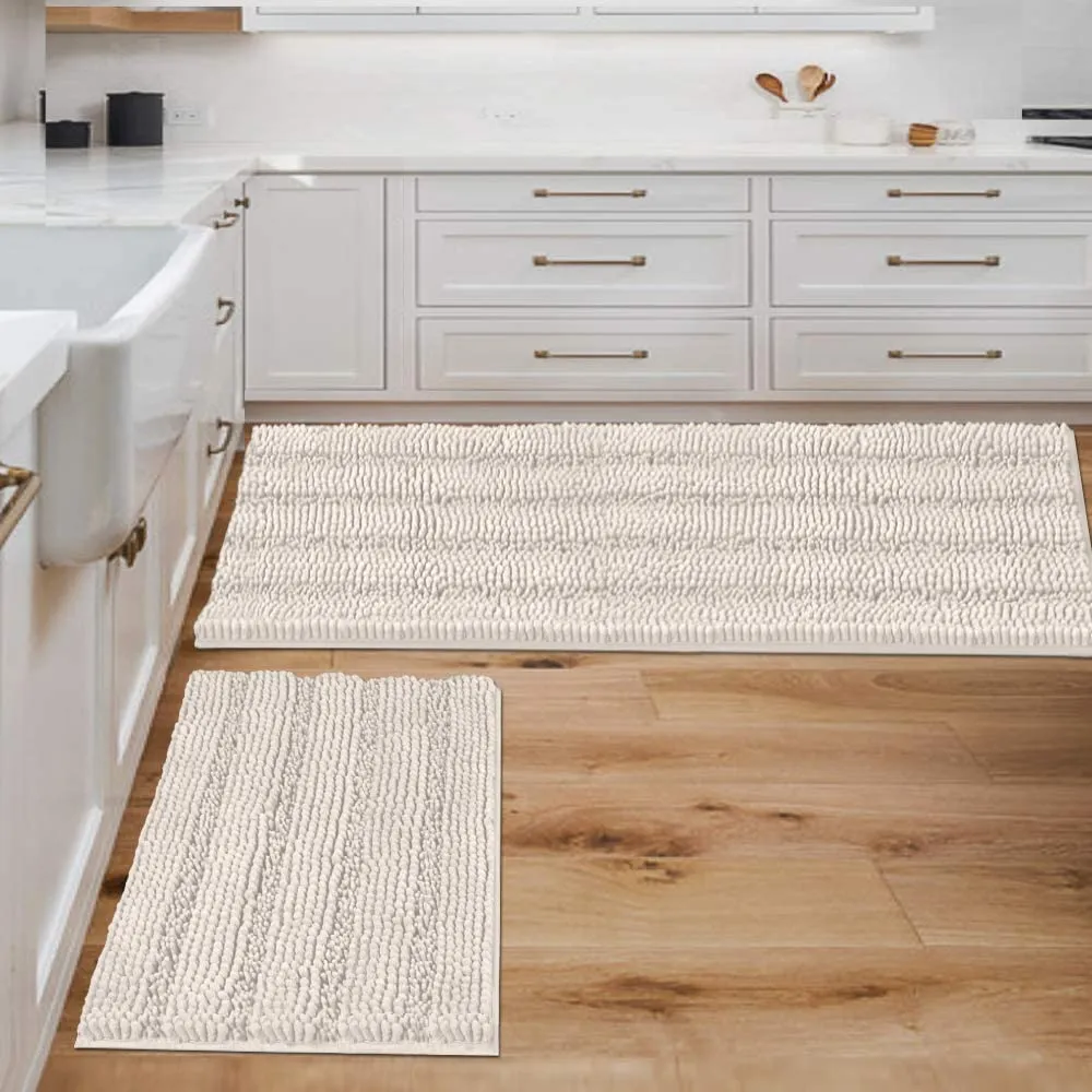 Bathroom Rugs,  Super Absorbent Chenille Striped Non Skid Machine Wash Dry Rugs, Set of 2, 47 x 17 Plus 17 x 24 Inches