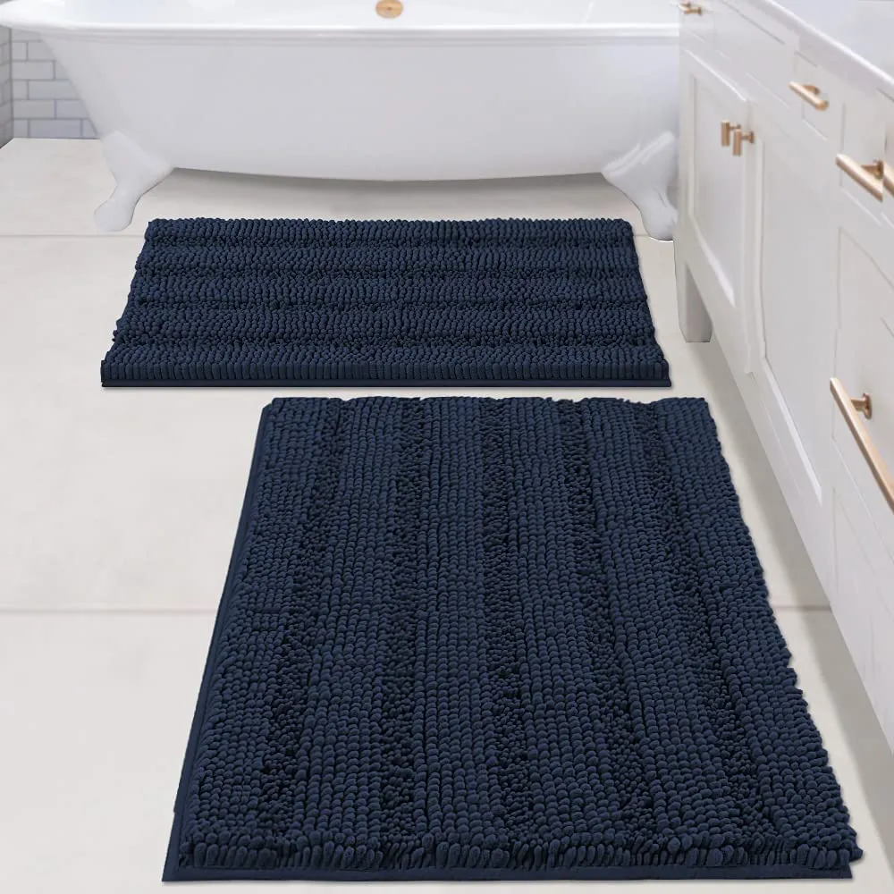 Bathroom Rugs,  Super Absorbent Chenille Striped Non Skid Machine Wash Dry Rugs, Set of 2, 47 x 17 Plus 17 x 24 Inches