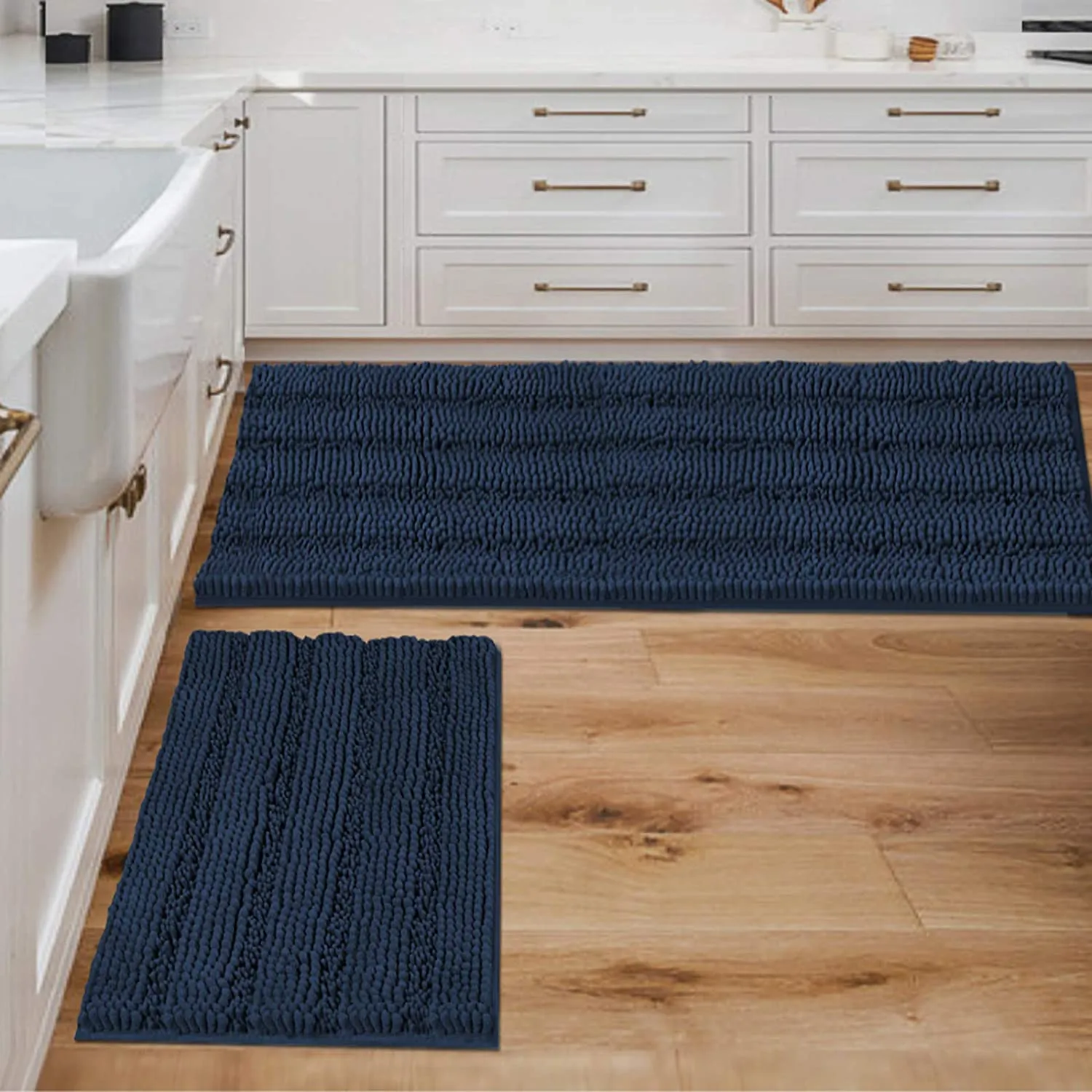 Bathroom Rugs,  Super Absorbent Chenille Striped Non Skid Machine Wash Dry Rugs, Set of 2, 47 x 17 Plus 17 x 24 Inches