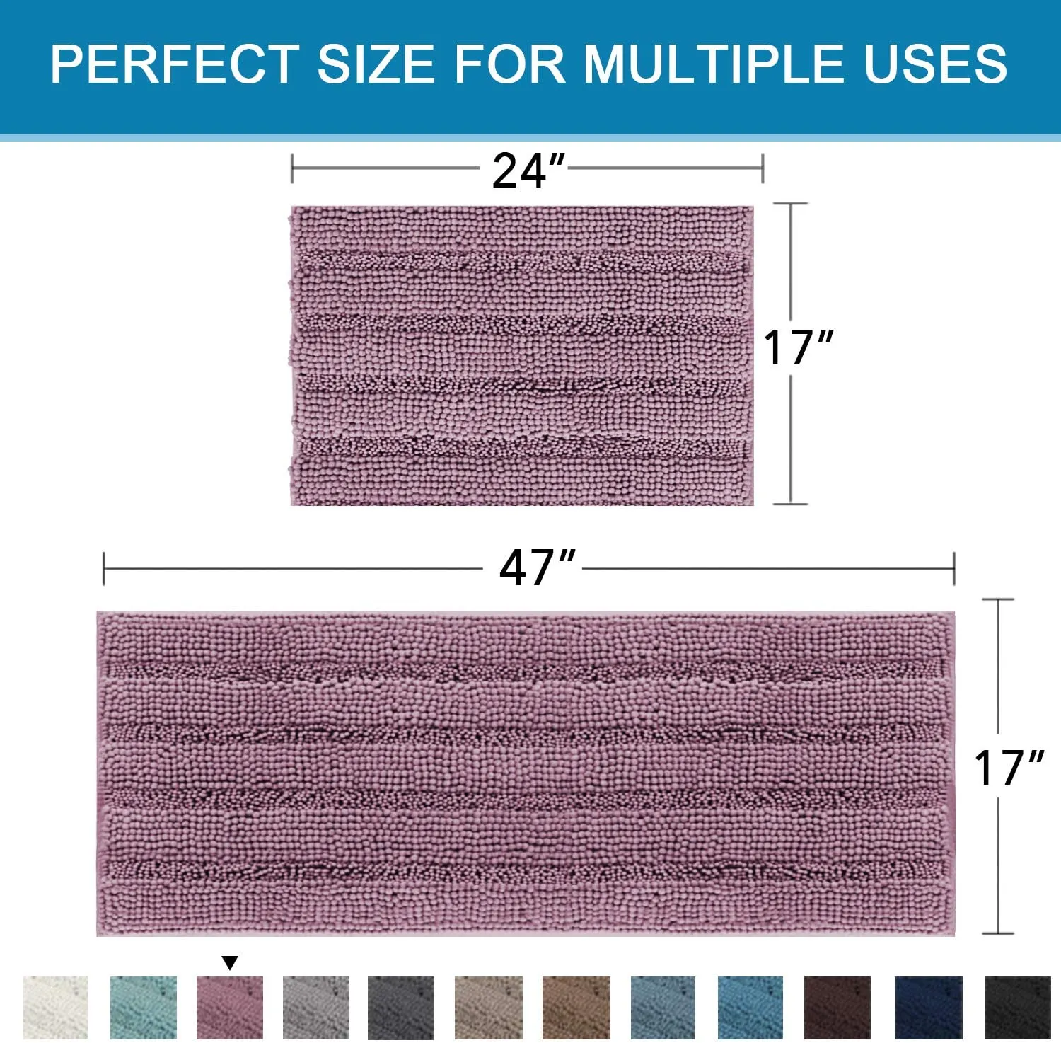 Bathroom Rugs,  Super Absorbent Chenille Striped Non Skid Machine Wash Dry Rugs, Set of 2, 47 x 17 Plus 17 x 24 Inches