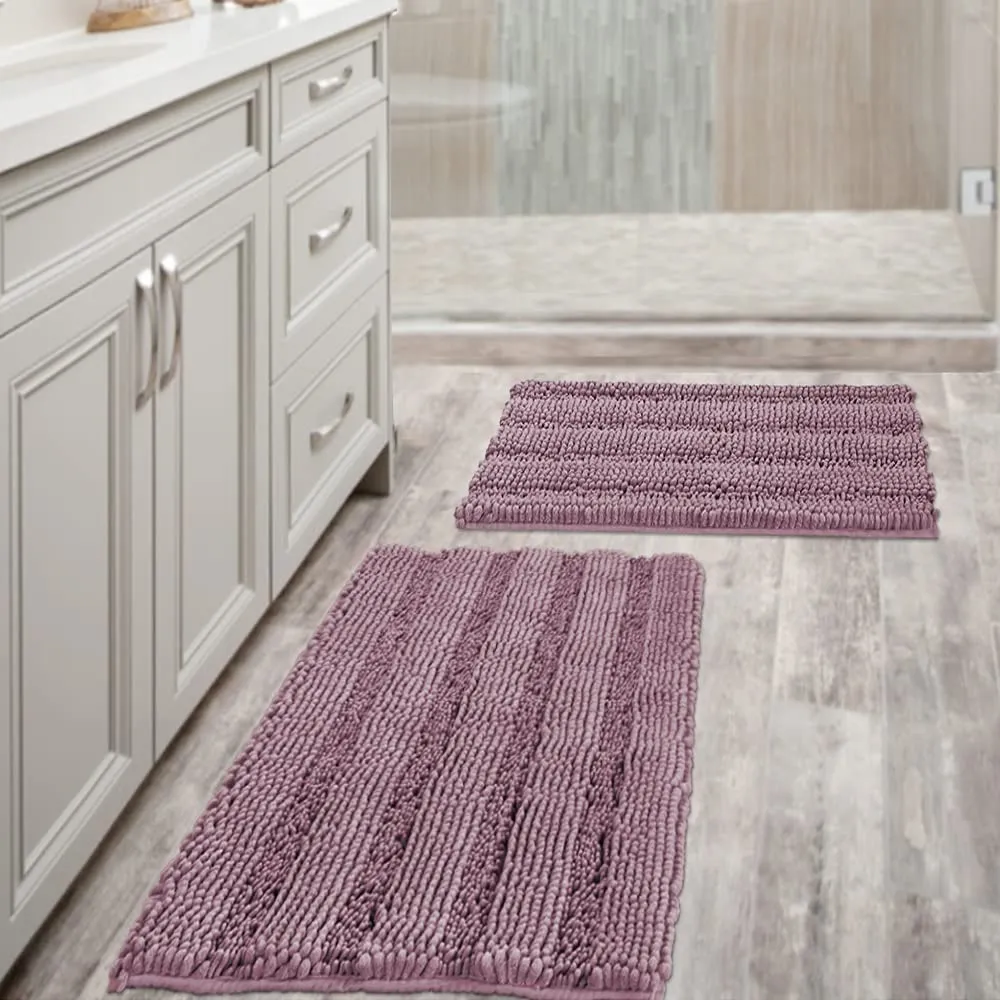 Bathroom Rugs,  Super Absorbent Chenille Striped Non Skid Machine Wash Dry Rugs, Set of 2, 47 x 17 Plus 17 x 24 Inches