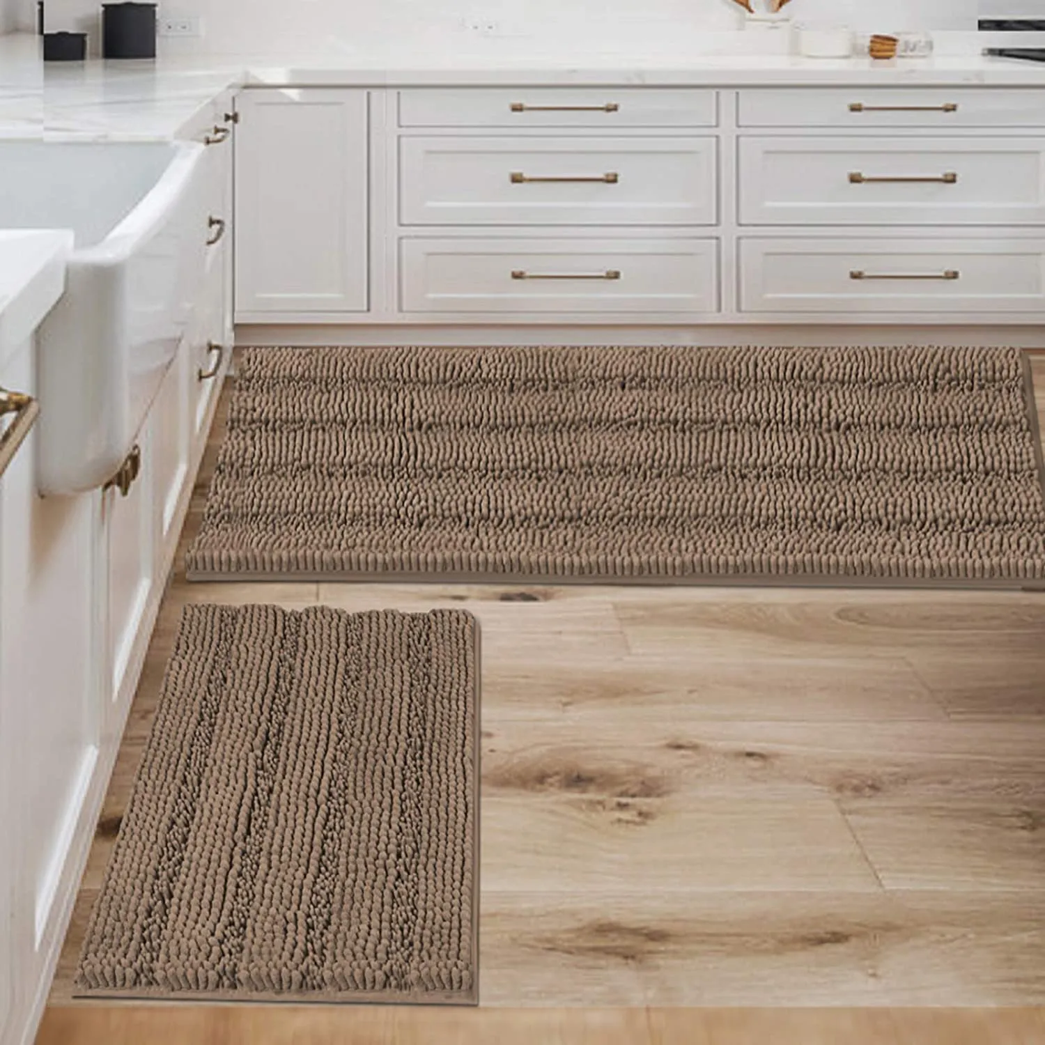 Bathroom Rugs,  Super Absorbent Chenille Striped Non Skid Machine Wash Dry Rugs, Set of 2, 47 x 17 Plus 17 x 24 Inches