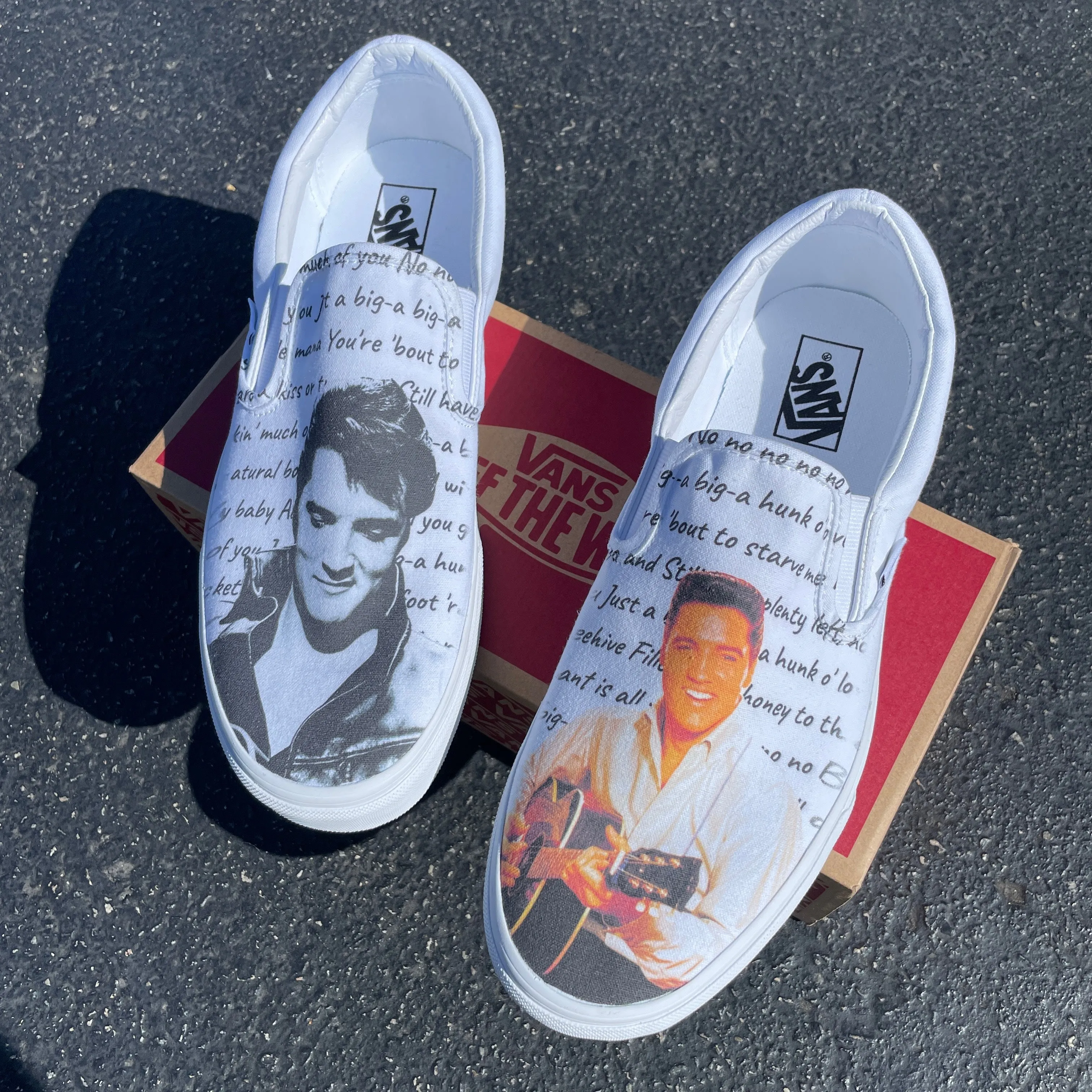 Custom Vans Shoes - Elvis Presley Custom Shoes - White Slip Ons