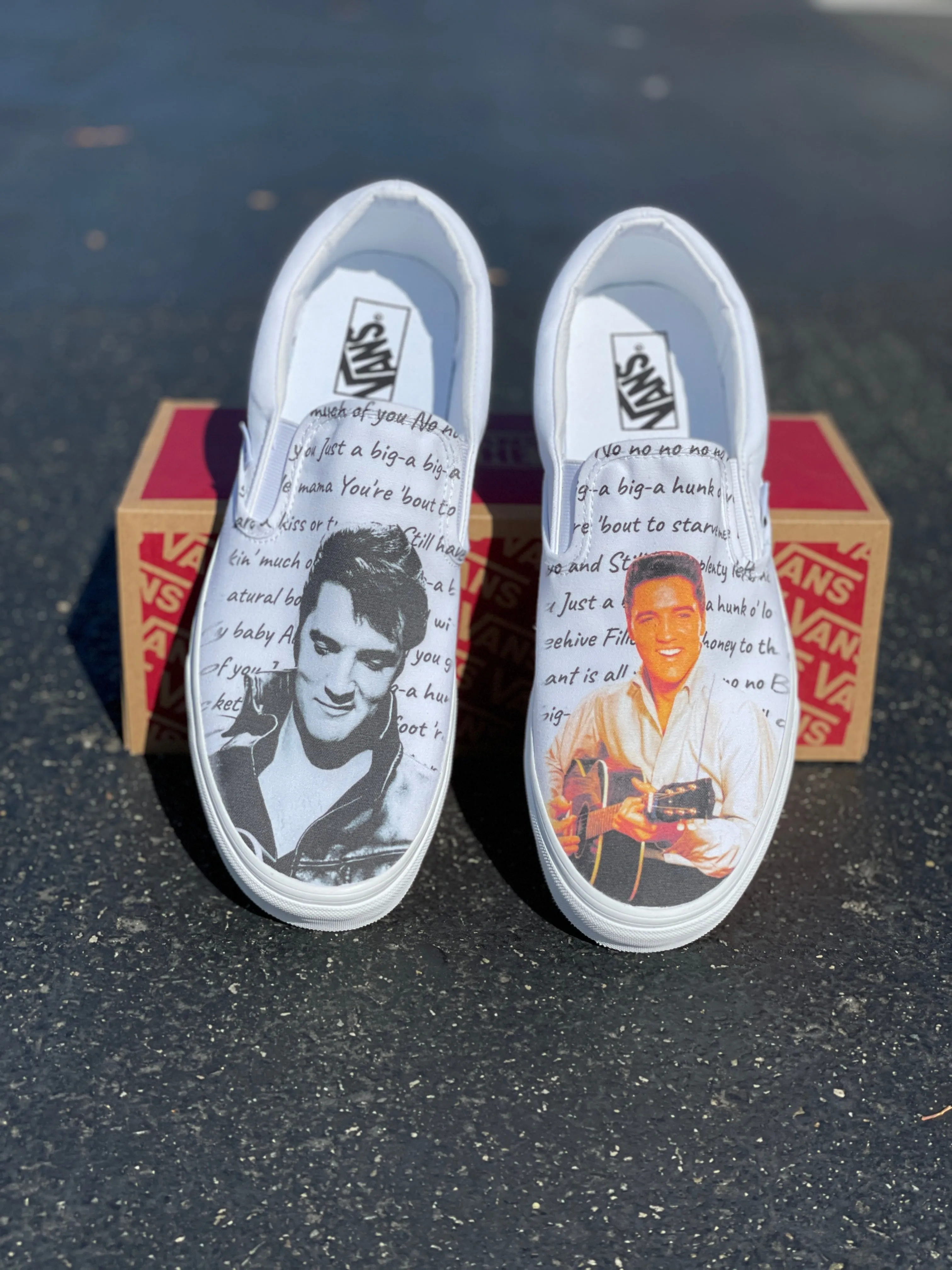 Custom Vans Shoes - Elvis Presley Custom Shoes - White Slip Ons