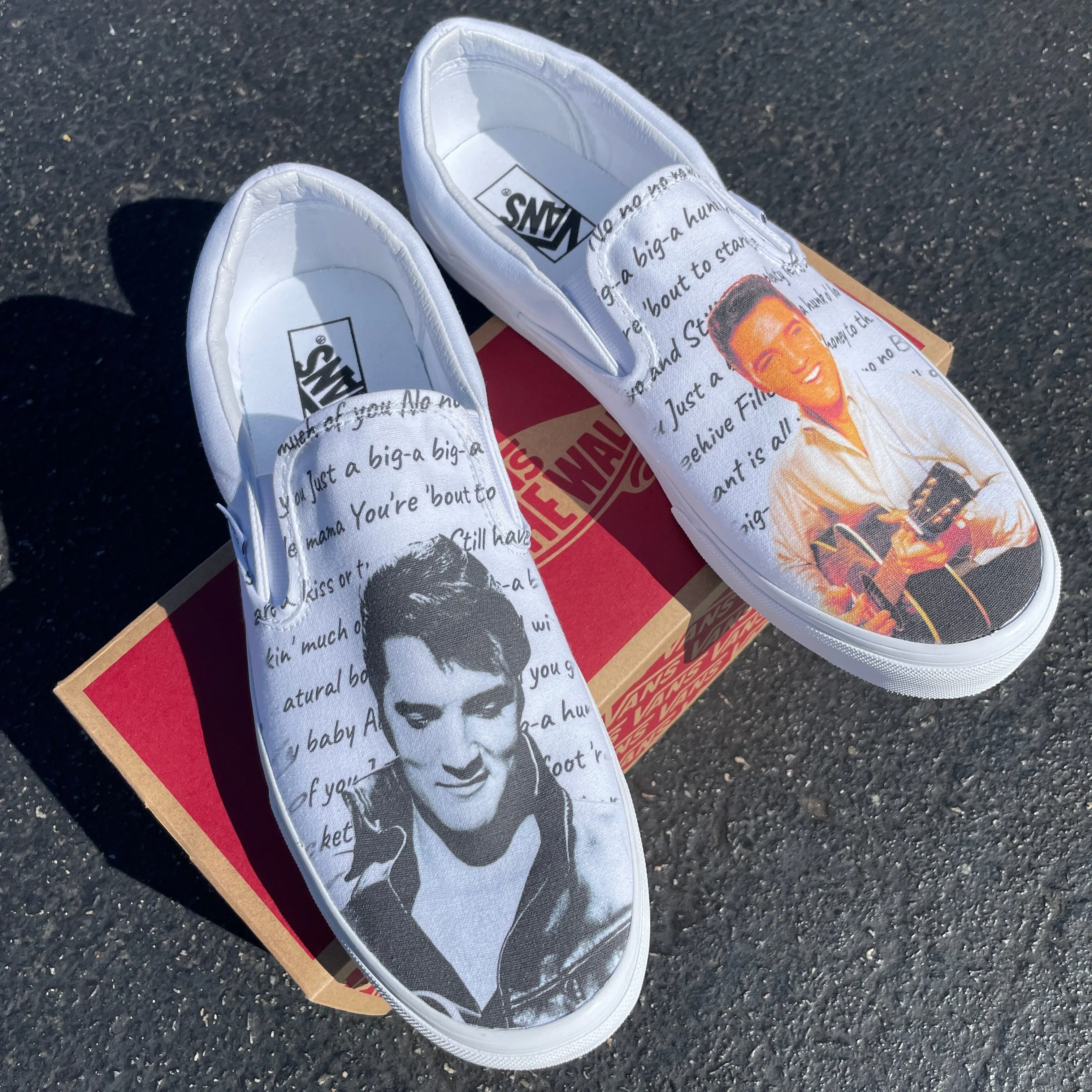 Custom Vans Shoes - Elvis Presley Custom Shoes - White Slip Ons