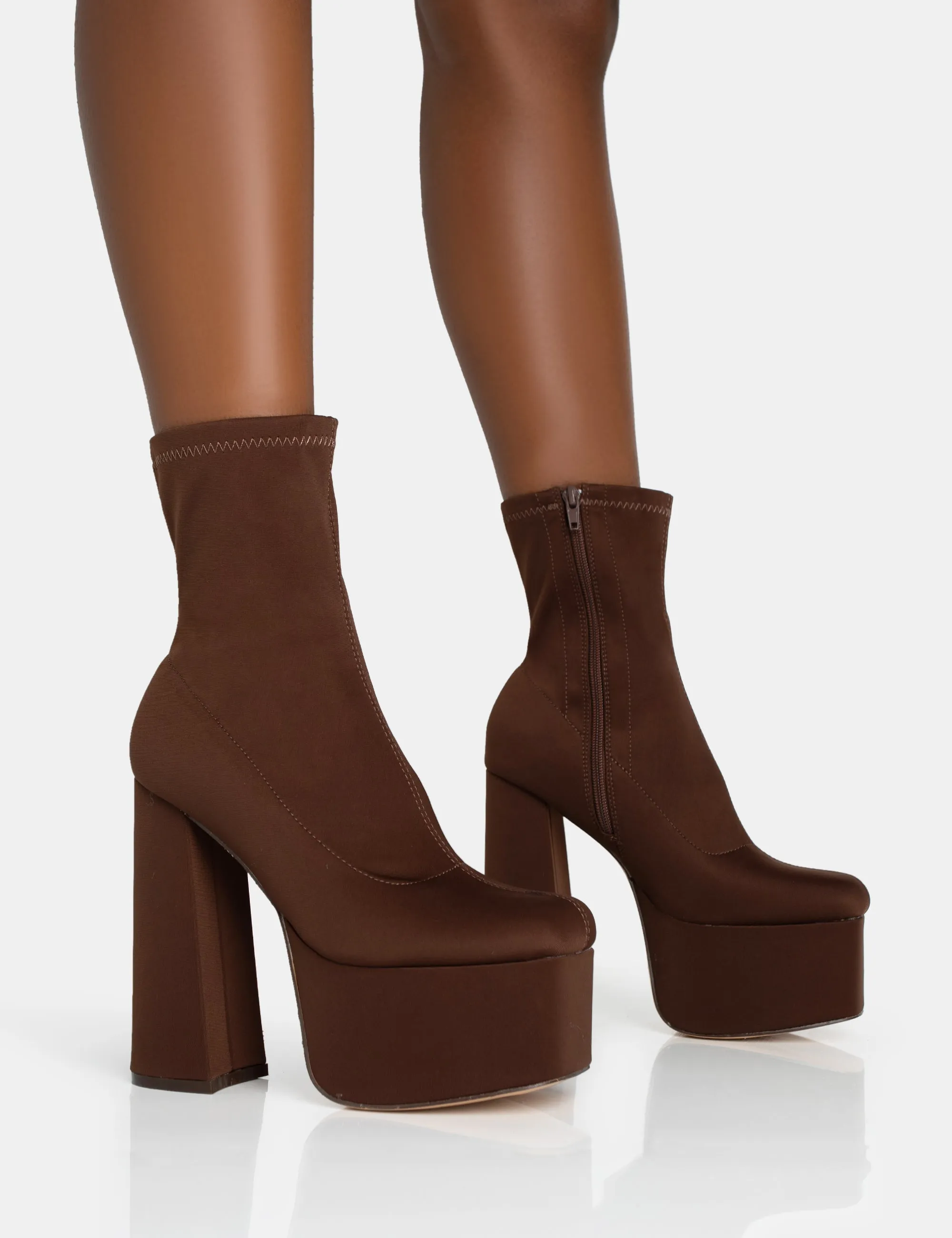 Dominate Chocolate Nylon Platform Rounded Block Heeled Ankle Boots