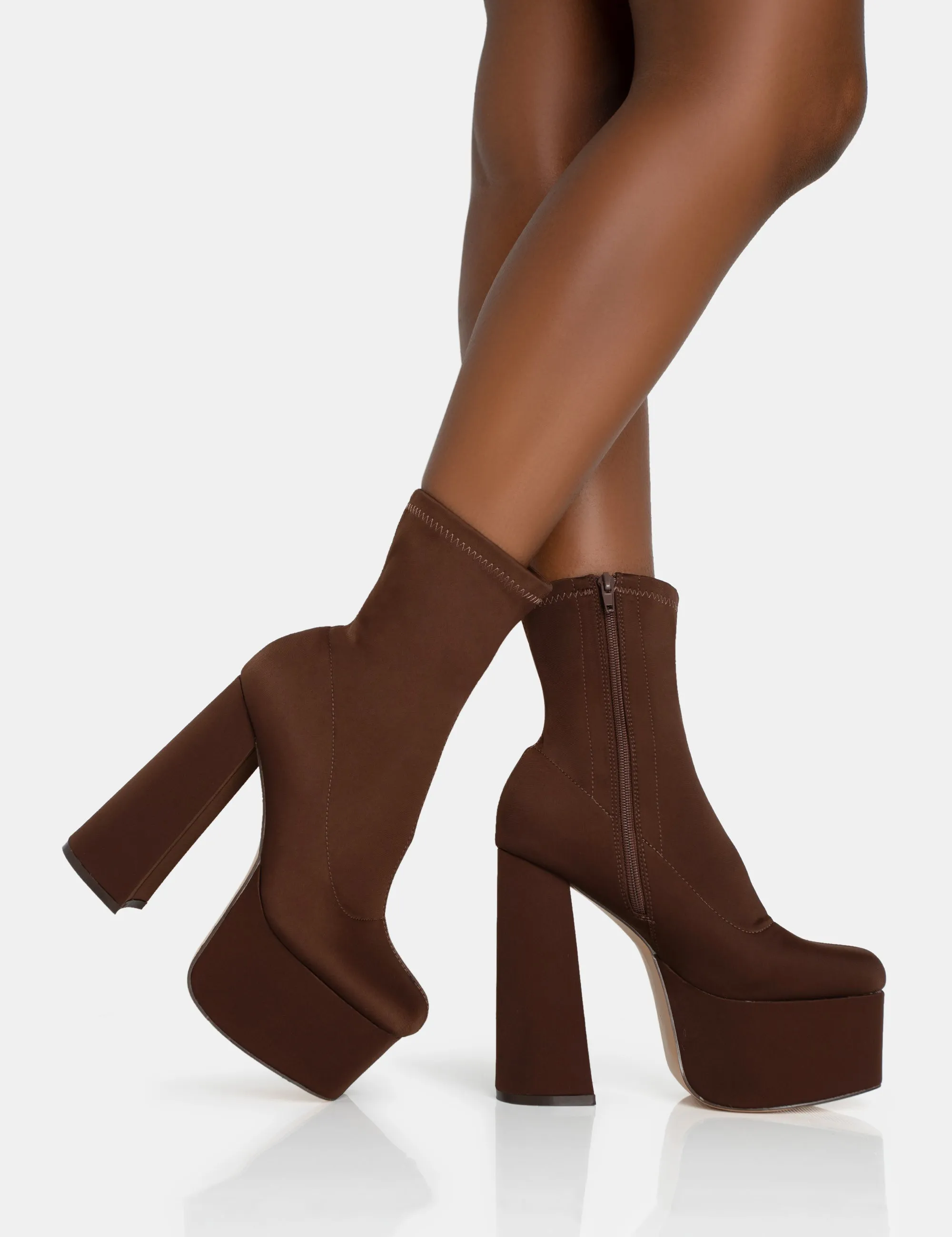 Dominate Chocolate Nylon Platform Rounded Block Heeled Ankle Boots