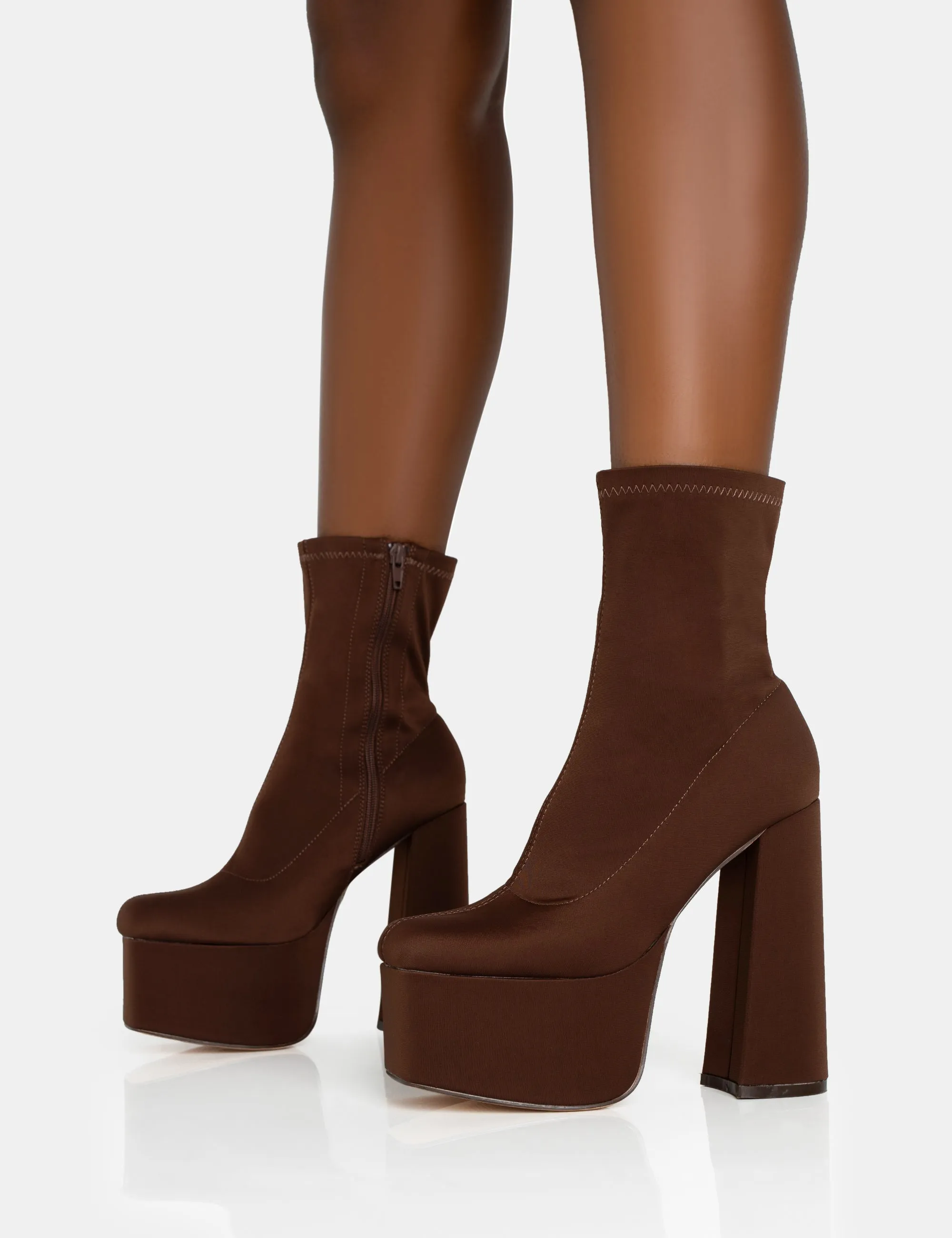 Dominate Chocolate Nylon Platform Rounded Block Heeled Ankle Boots