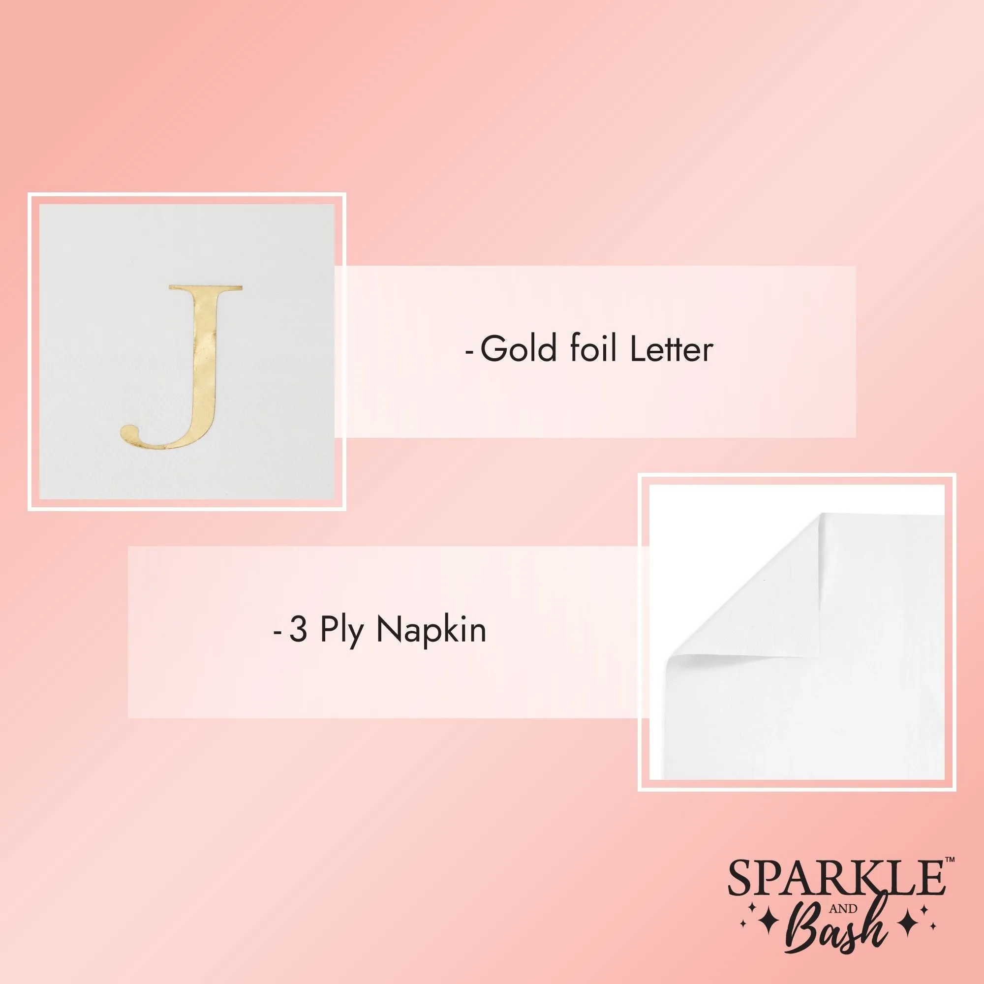 Gold Foil Initial Letter J White Monogram Paper Napkins (4 x 8 In, 100 Pack)