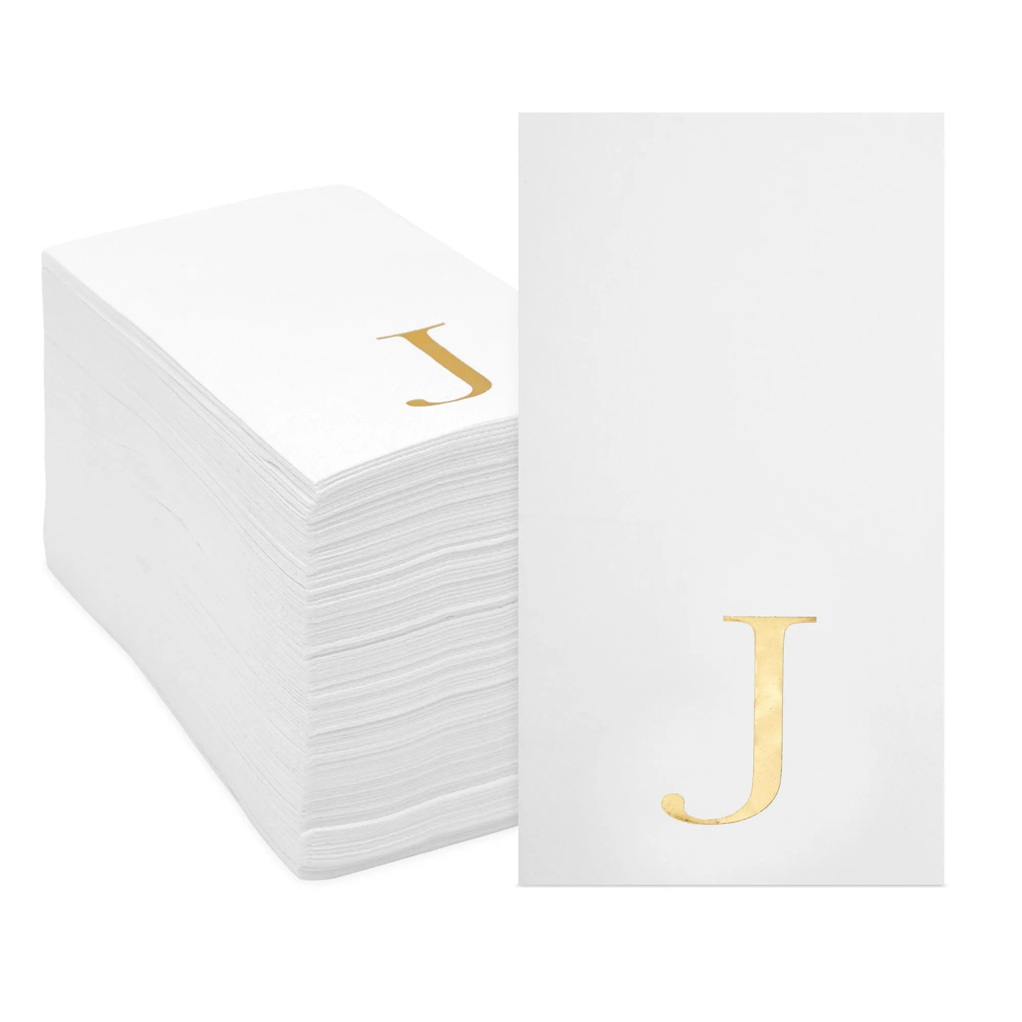 Gold Foil Initial Letter J White Monogram Paper Napkins (4 x 8 In, 100 Pack)