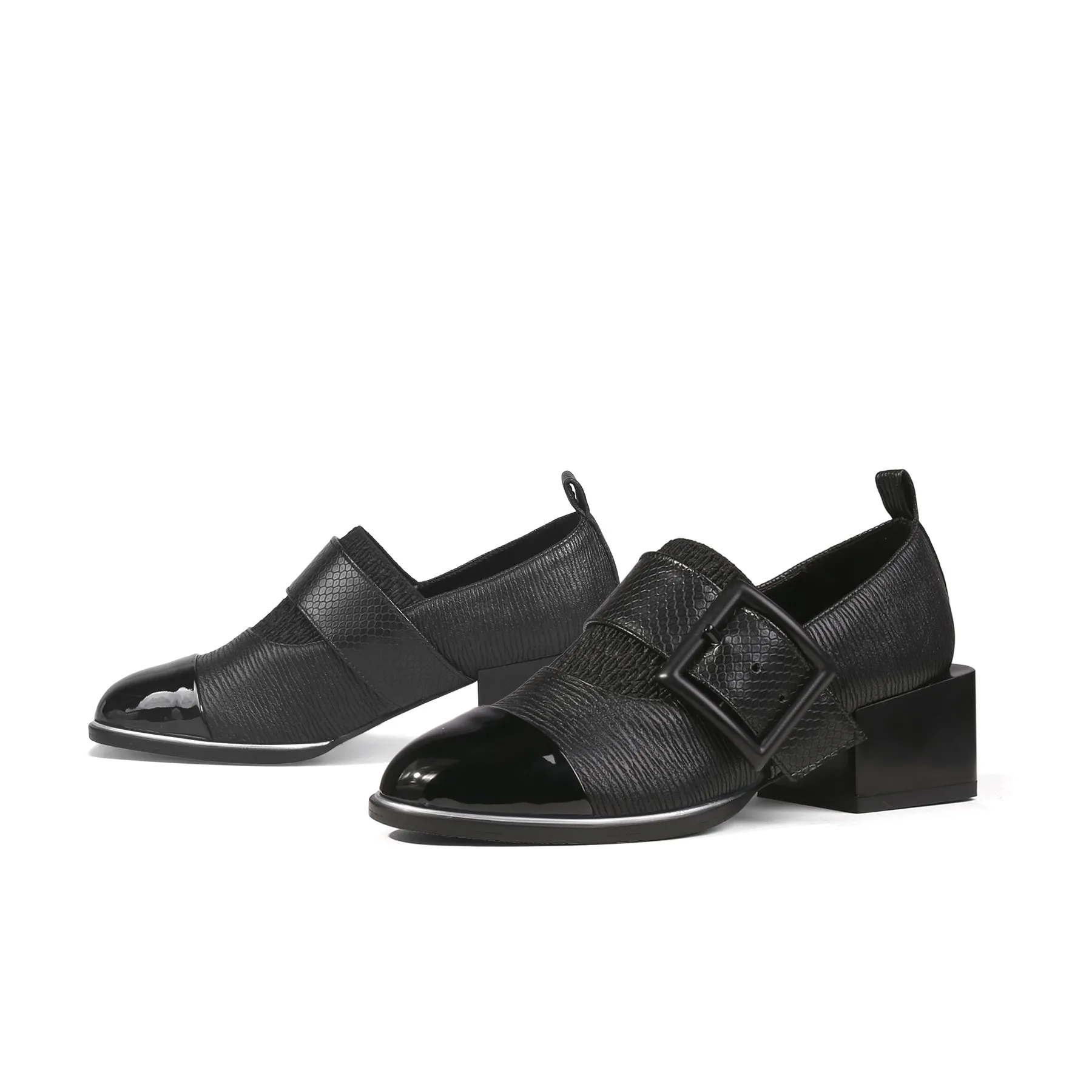 Leather Loafers with Mid-Length Block Heel Pumps