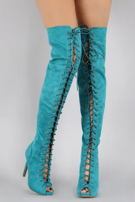 Nora - Suede Peep Toe Lace Up Stiletto Over-The-Knee Boots