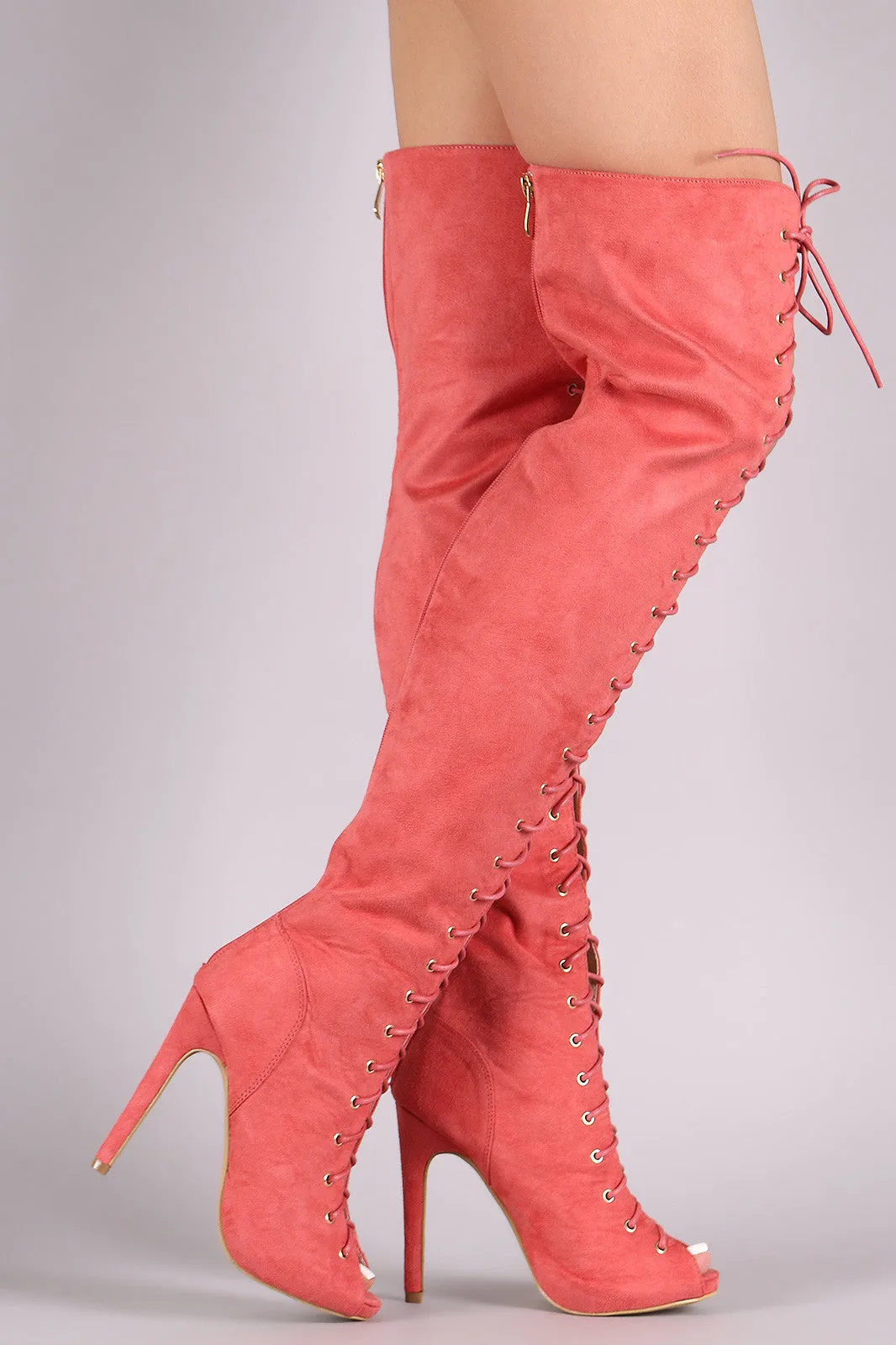 Nora - Suede Peep Toe Lace Up Stiletto Over-The-Knee Boots