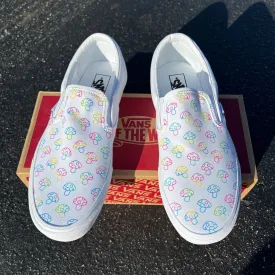 Rave Trippy Mushroom Shoes - Custom Vans White Slip On Shoes