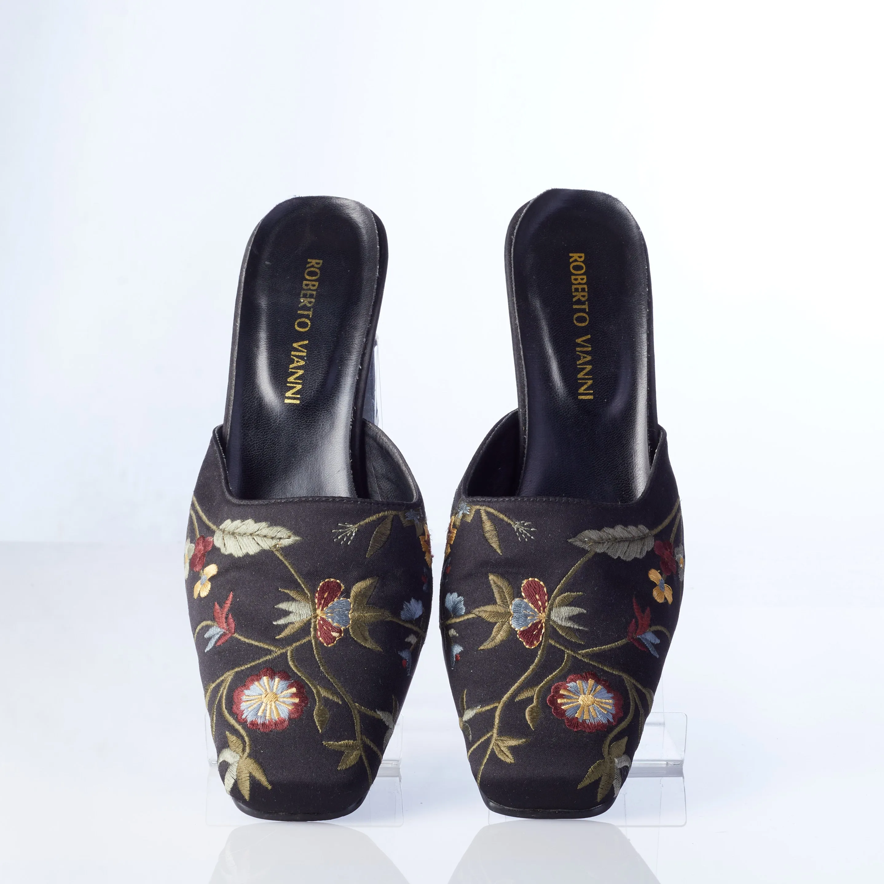 Roberto Vianni Mules Black with Colourful Floral Embroidery Size 39