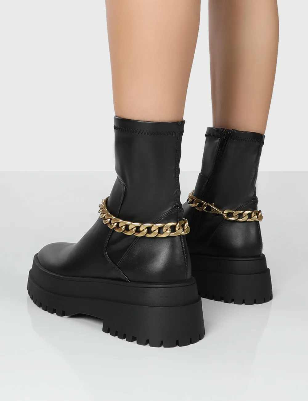 Tessa Black Platform Chunky Chain Detail Ankle Boots