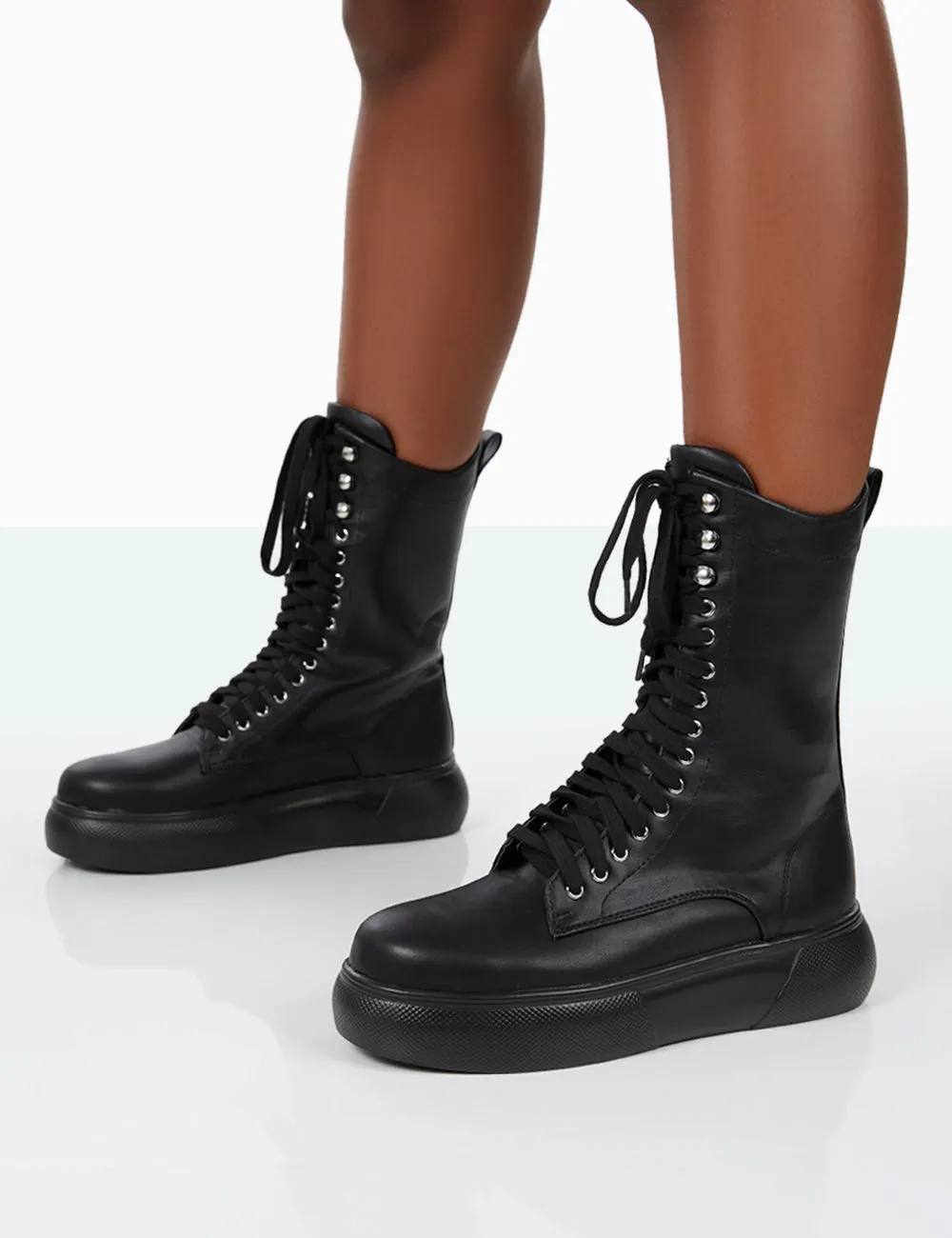 Travis Black Pu Lace Up Platform Chunky Sole Boots