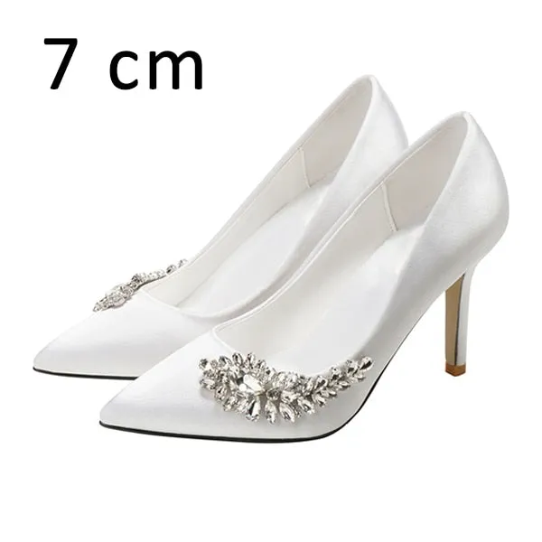 Wedding Shoes High Heels Rhinestone Silk Woman Pumps Pointed Toe