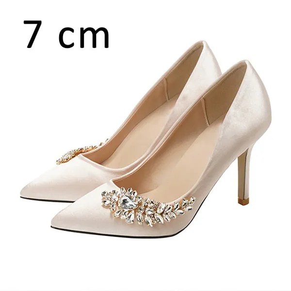 Wedding Shoes High Heels Rhinestone Silk Woman Pumps Pointed Toe