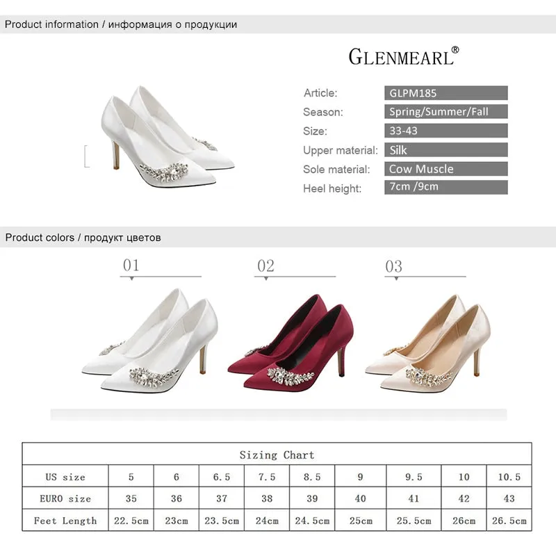 Wedding Shoes High Heels Rhinestone Silk Woman Pumps Pointed Toe