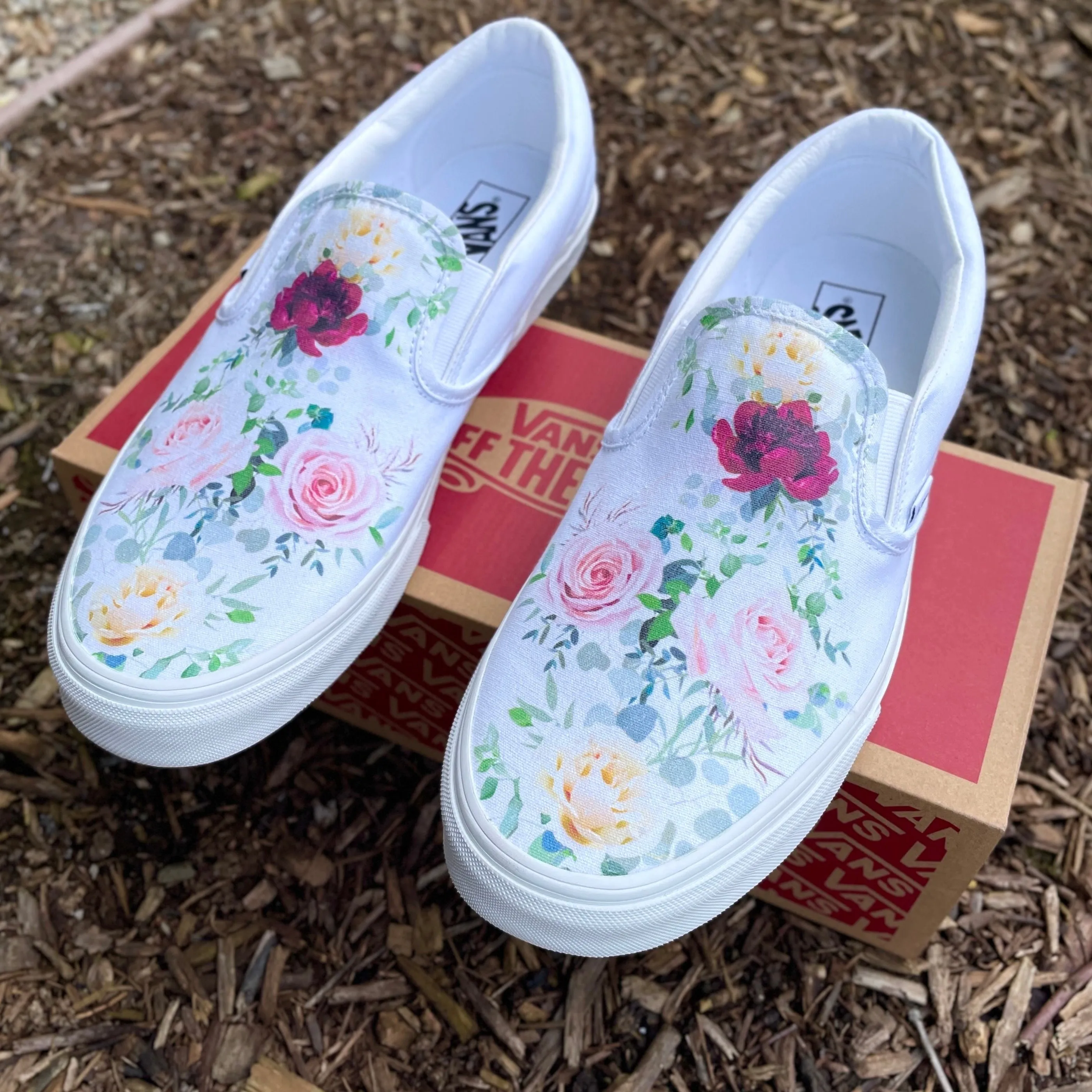 Whimsical Roses on White Slip On Vans Shoes - Men's and Women's Custom Vans Sneakers