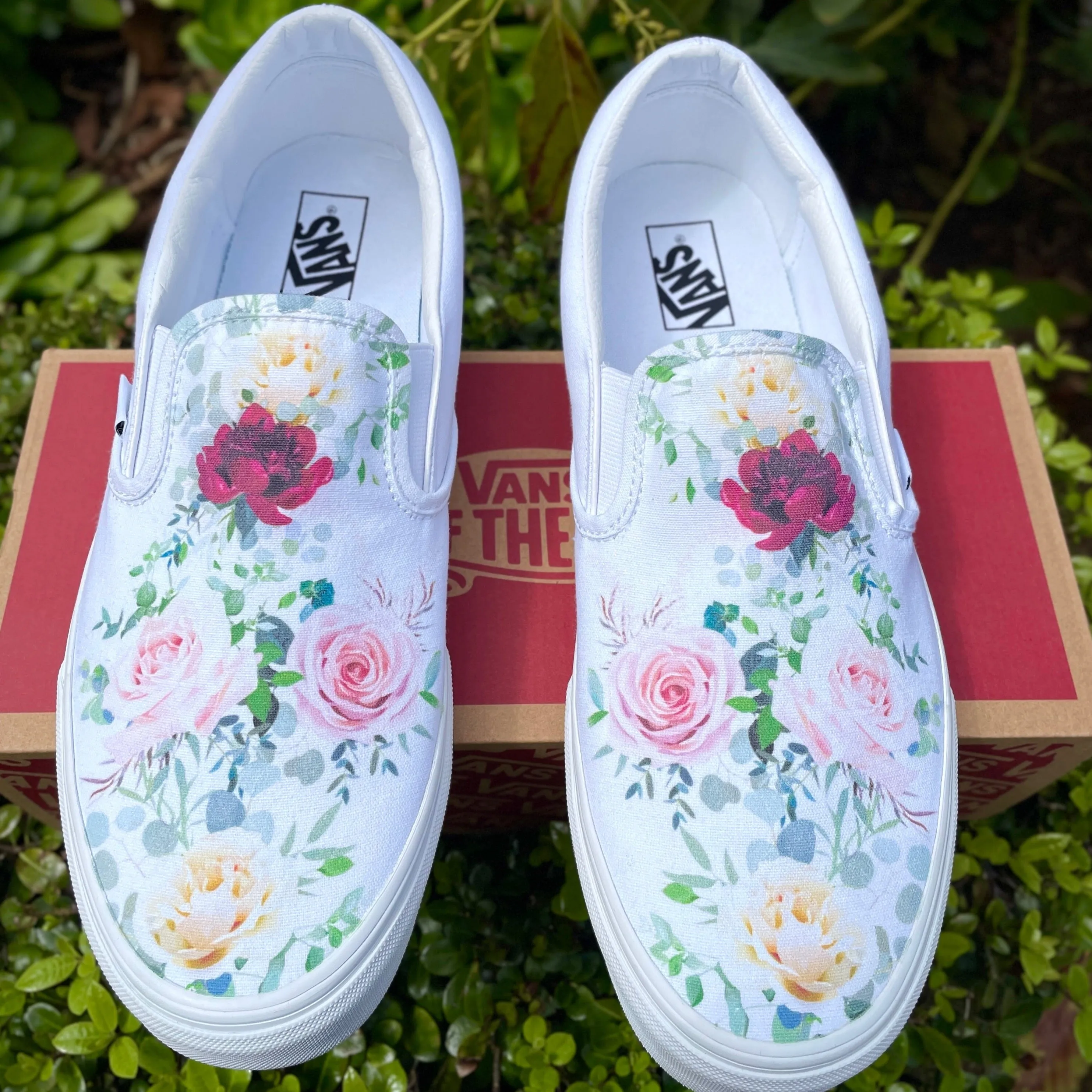 Whimsical Roses on White Slip On Vans Shoes - Men's and Women's Custom Vans Sneakers