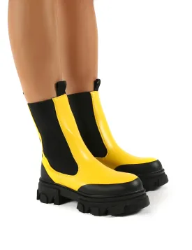 Wonder Yellow PU Chunky Sole Ankle Boots